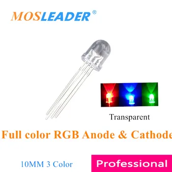 Mosleader 1000PCS 10 MM LED 4P Plné farby RGB Transparentné F10 Červená Zelená Modrá Led Spoločná Anóda Katóda Tri-farba 3 farba